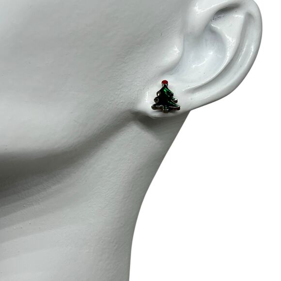 Vintage Christmas Tree Stud Earrings - Holiday Festive Silver Tone Jewelry - Picture 1 of 7